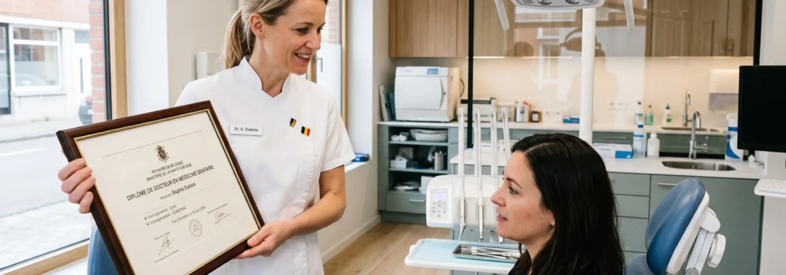 Un dentiste en blouse blanche montre son diplôme et son numéro d'enregistrement à une patiente assise dans le fauteuil dentaire d'un cabinet belge.