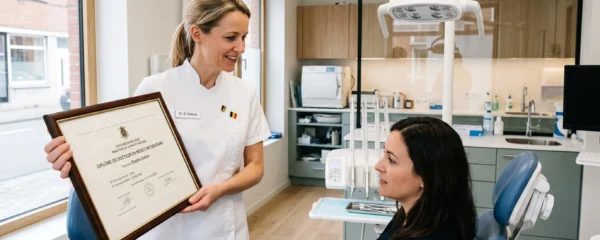 Un dentiste en blouse blanche montre son diplôme et son numéro d'enregistrement à une patiente assise dans le fauteuil dentaire d'un cabinet belge.