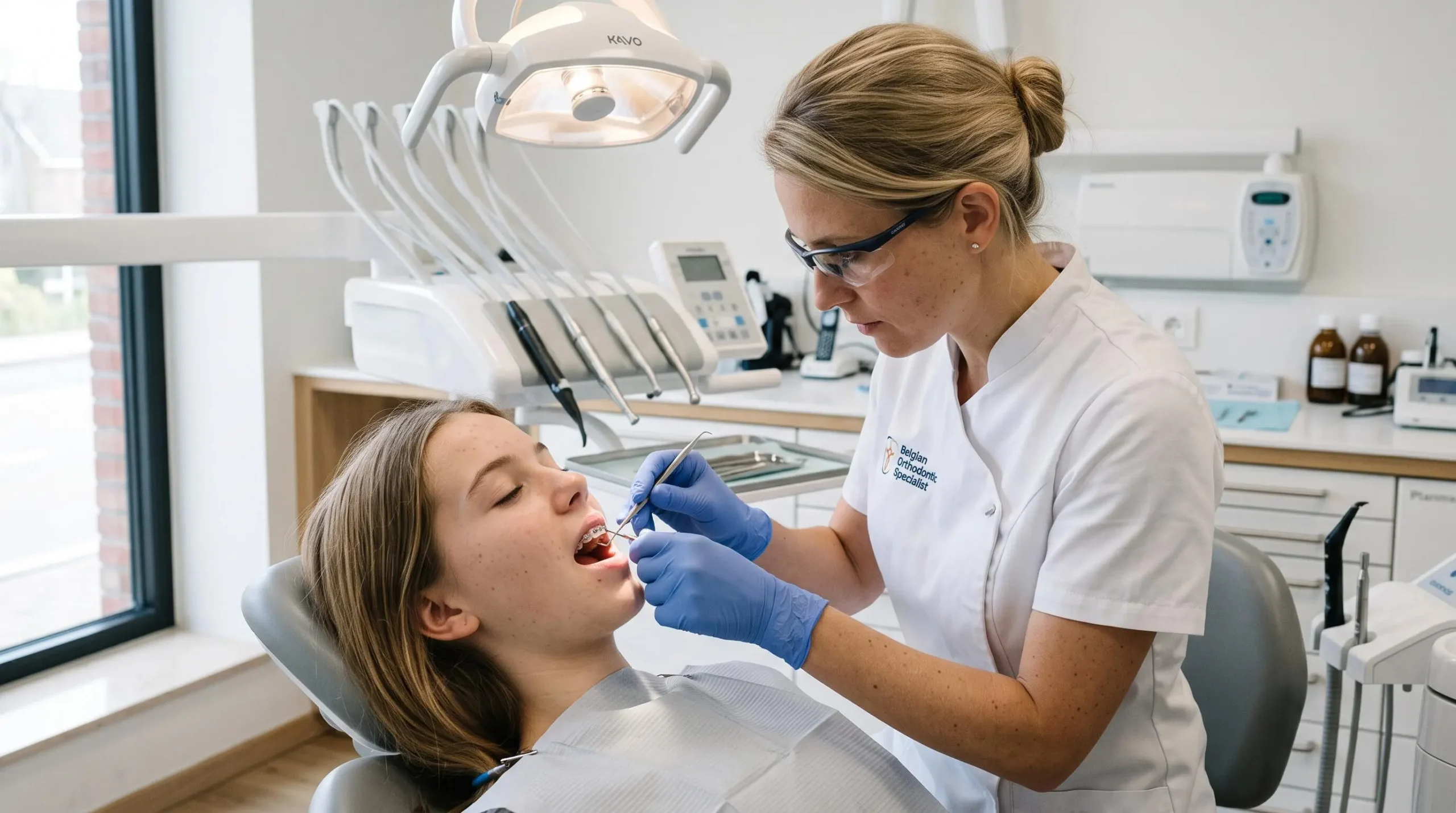 Une orthodontiste ajustant l'arc métallique d'un appareil multi-attaches sur une patiente adolescente dans un cabinet belge.