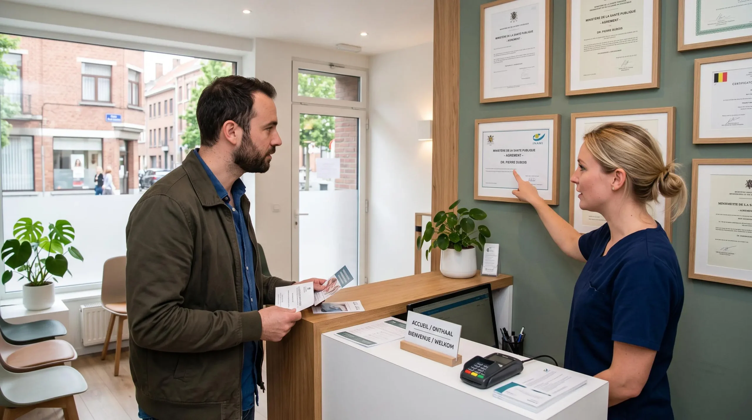 Un patient examinant les certificats officiels encadrés au mur de la réception d'un cabinet dentaire en Belgique avec l'aide de l'assistante.