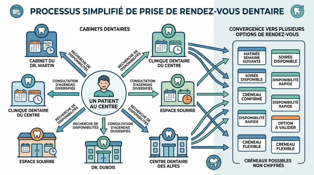 Schéma montrant une recherche de rendez-vous auprès de plusieurs cabinets dentaires Schéma montrant une recherche de rendez-vous auprès de plusieurs cabinets dentaires